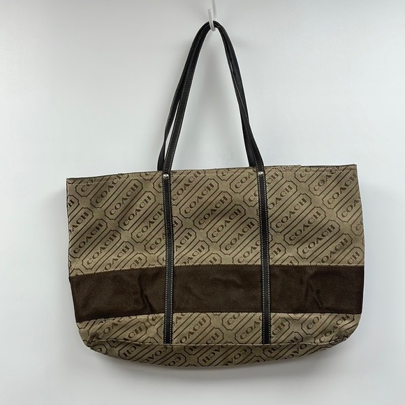 Coach Signature Lozenge Logo Canvas Shoulder Tote Bag Brown 18"x10"x3" - Picture 1 of 9